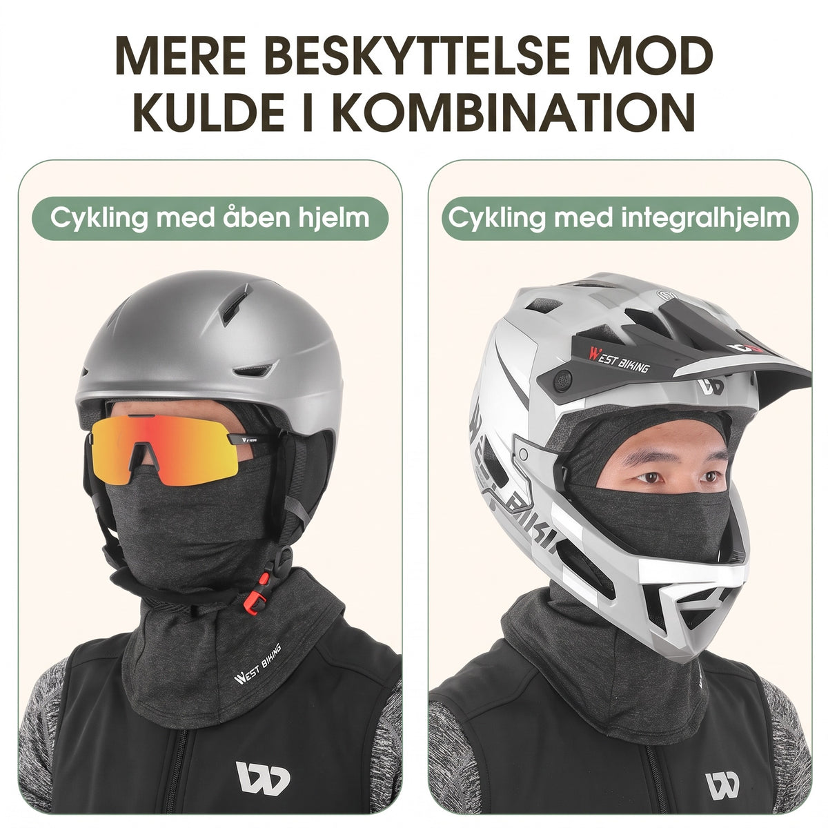Balaclava elefanthue under en åben hjelm og en integralhjelm – mere beskyttelse mod kulde