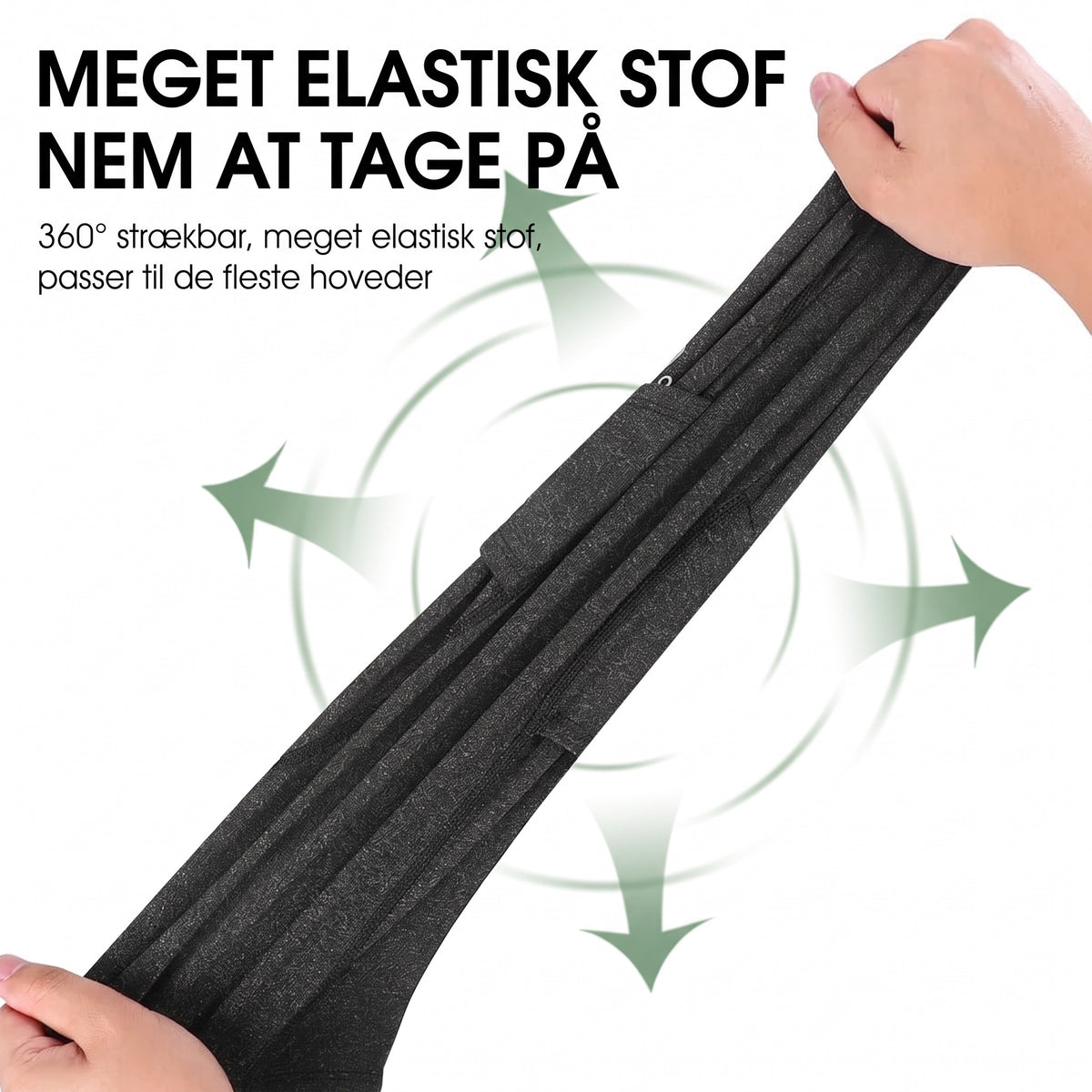 Balaclava elefanthue i meget elastisk stof – to hænder strækker materialet i alle retninger