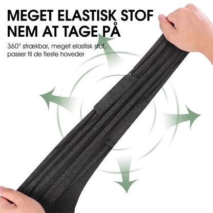 Balaclava elefanthue i meget elastisk stof – to hænder strækker materialet i alle retninger