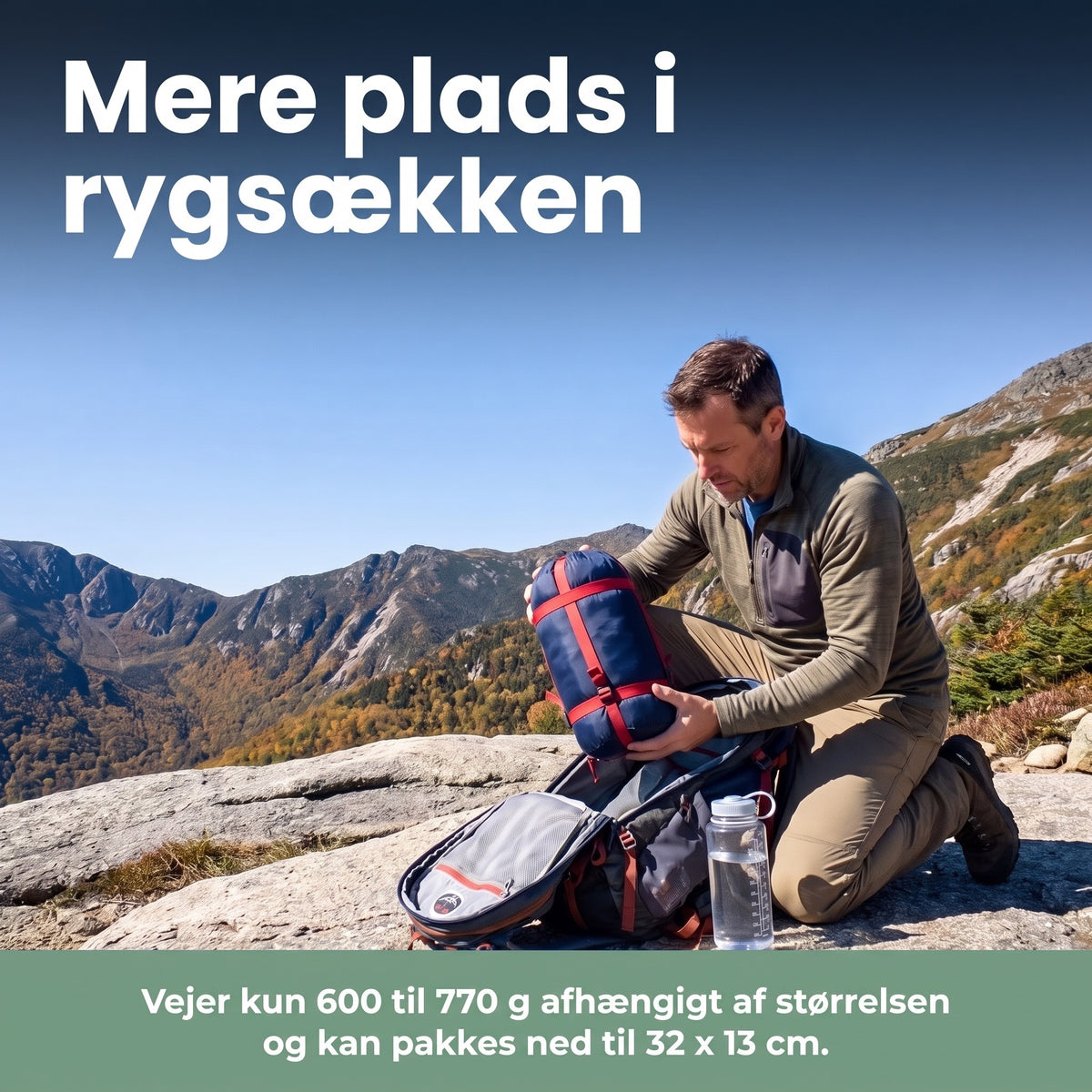 Sovepose i kompressionspose pakkes ned i rygsækken