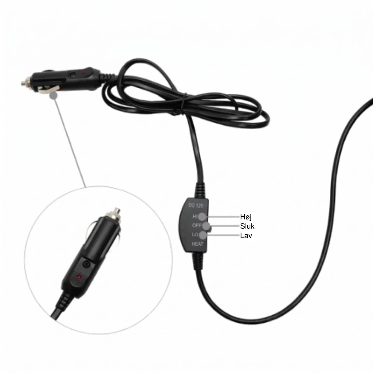 Sædevarme bil 12V-stik og kontakt med trinene Høj, Sluk og Lav