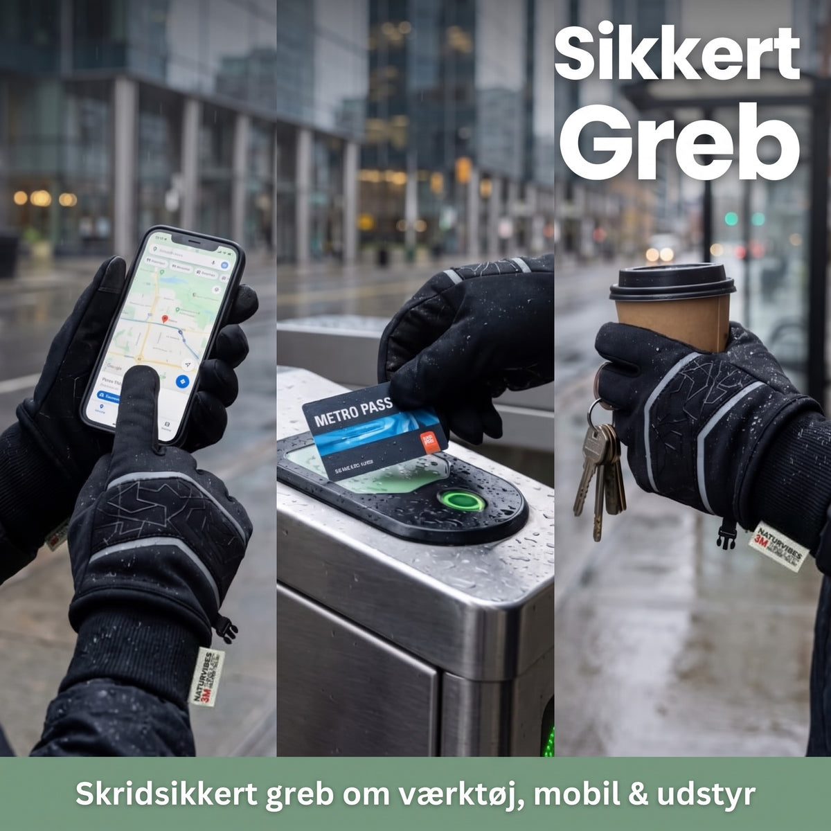 Vinterhandsker med skridsikkert greb om mobil, rejsekort og kaffekop