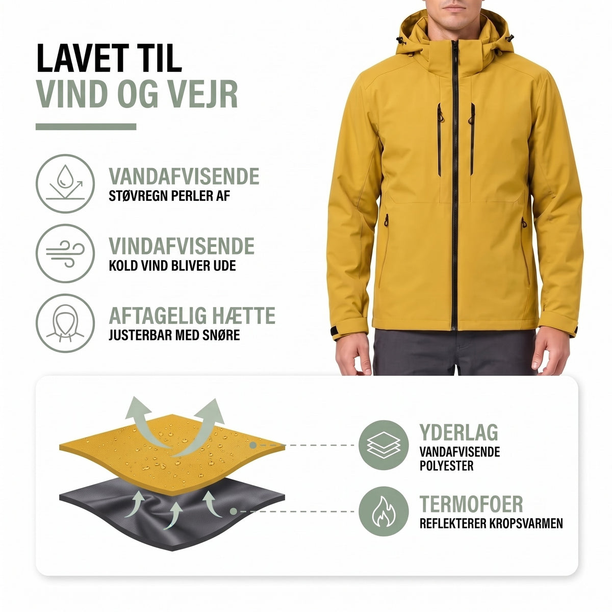 Skaljakke – materiale: vandafvisende polyester og termofoer