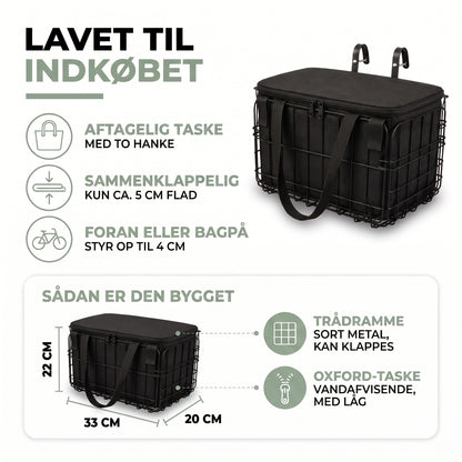 Cykelkurv – opbygning: sammenklappelig trådramme og vandafvisende Oxford-taske, 33 × 20 × 22 cm