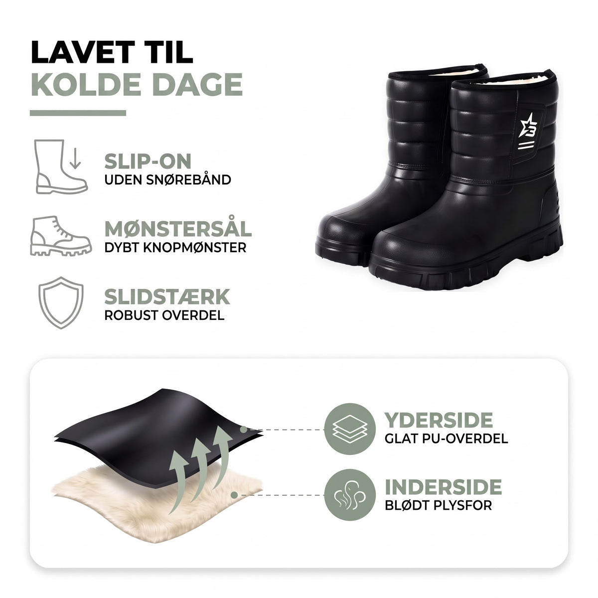 Vinterstøvler herre: slip-on, mønstersål, slidstærk, glat PU udvendigt og plysfor indvendigt