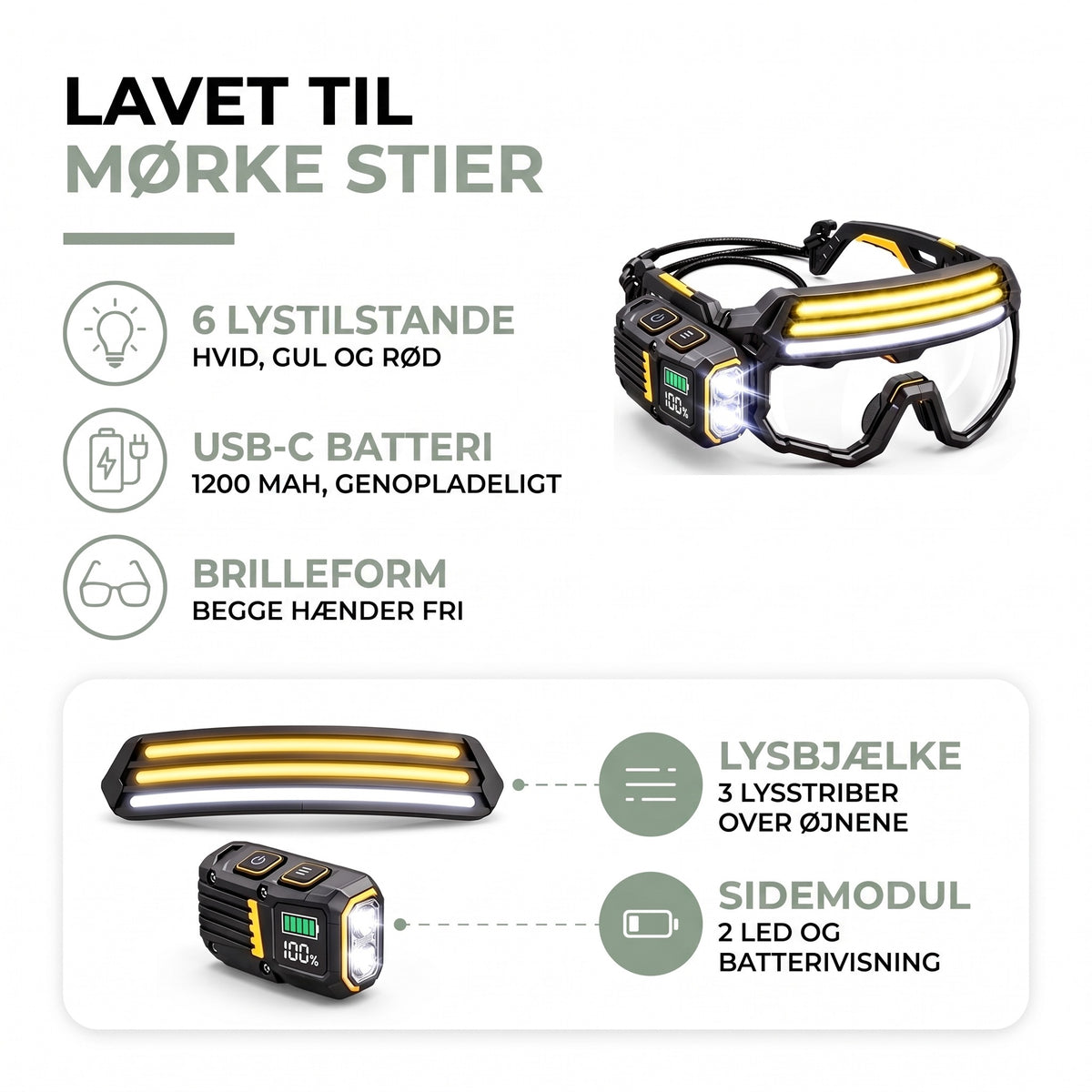 Pandelampe LED opbygning: lysbjælke med 3 lysstriber og sidemodul med 2 LED og batterivisning