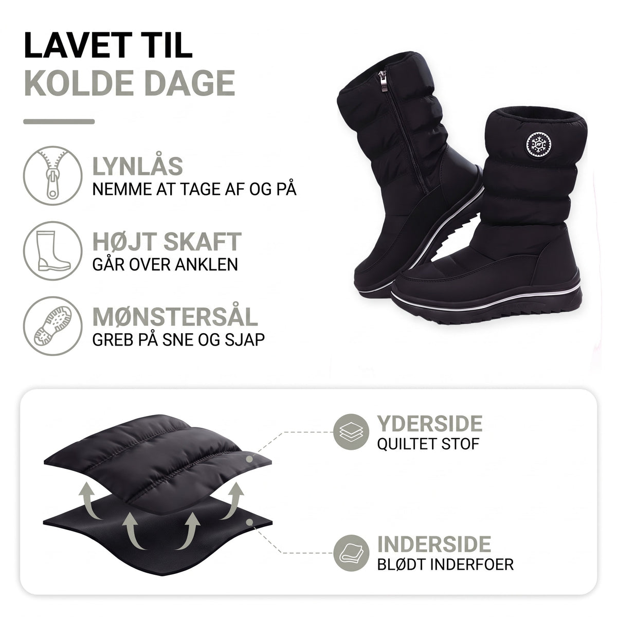 Vinterstøvler dame med foer: lynlås, højt skaft, mønstersål, quiltet stof og inderfoer vist i lag