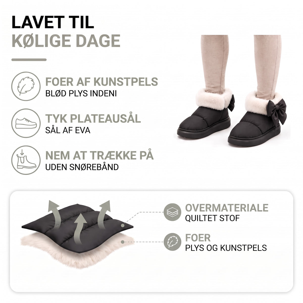 Forede vinterstøvler dame – quiltet stof udvendigt, plys og kunstpels indvendigt