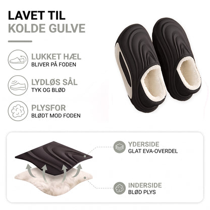 Hjemmesko opbygning: glat EVA-overdel udenpå, blød plys indeni