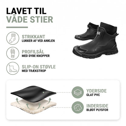 Korte gummistøvler med for: strikkant, profilsål, trækstrop, glat PVC udenpå og blødt plysfor indeni