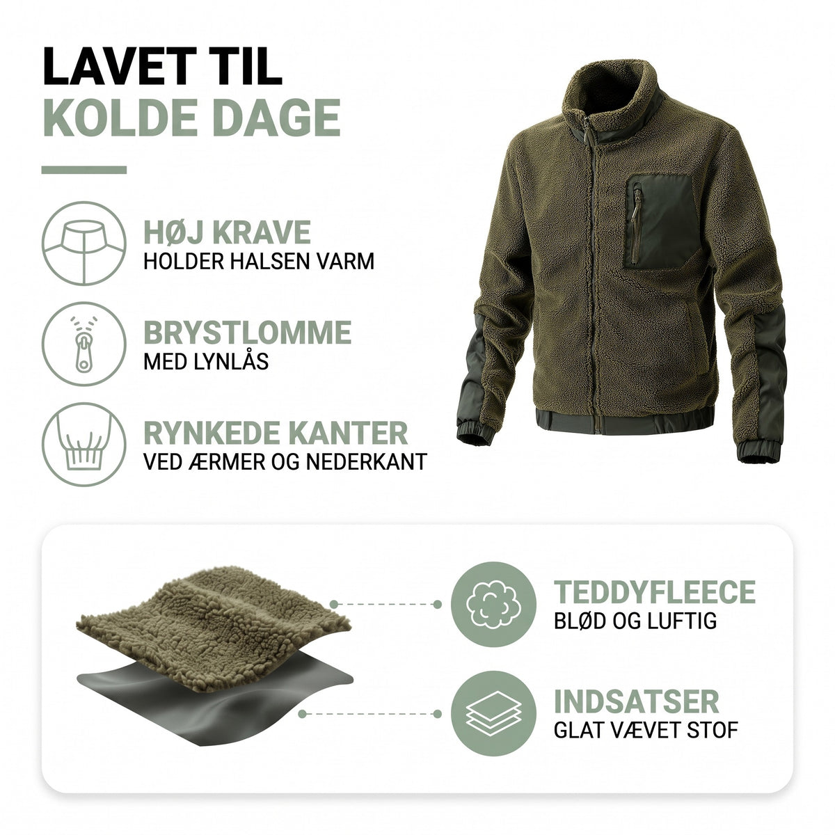 Fleecejakke herre opbygning: blød teddyfleece og glatte stofindsatser ved ærmer og nederkant