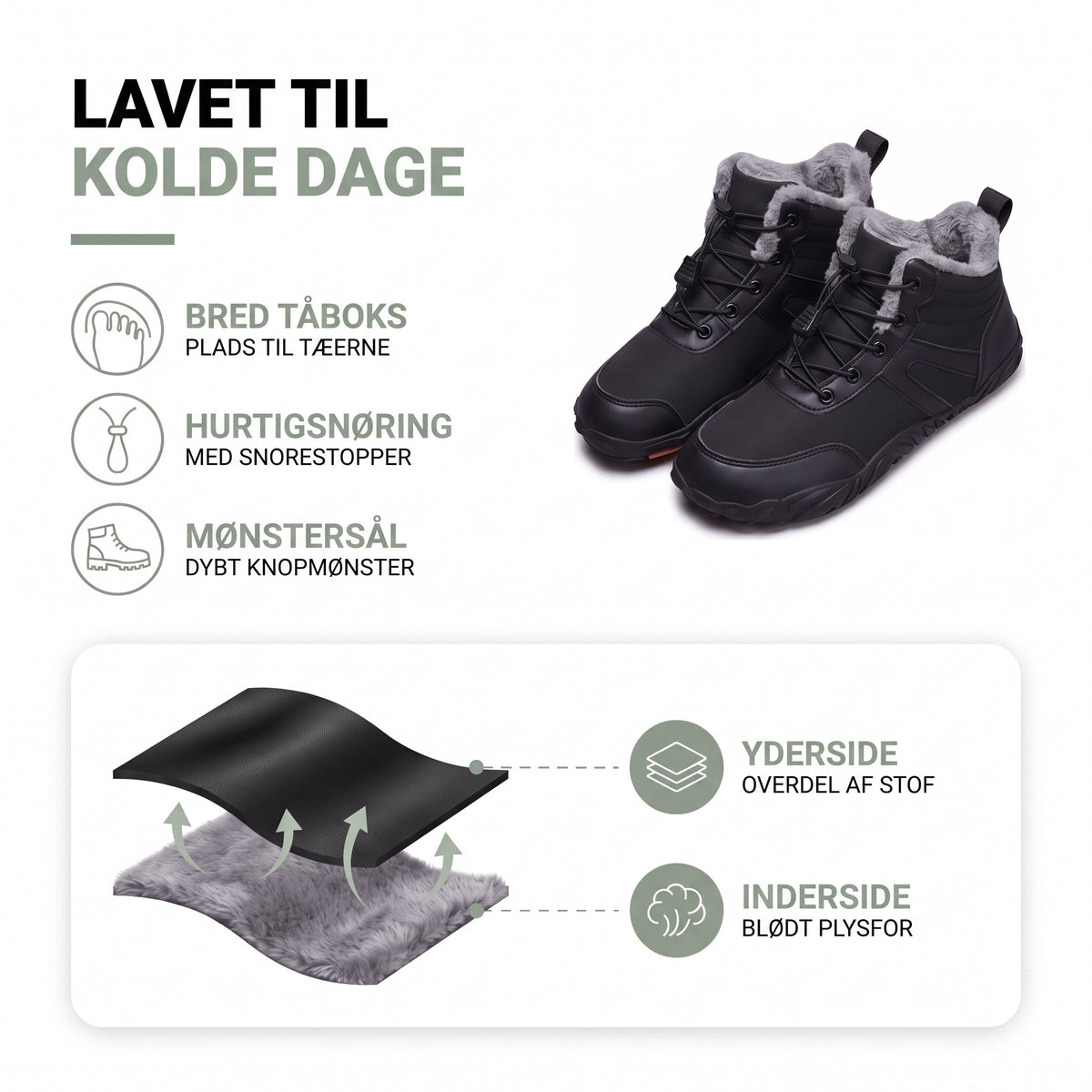 Vinterstøvler dame: bred tåboks, hurtigsnøring, mønstersål, overdel af stof og plysfor