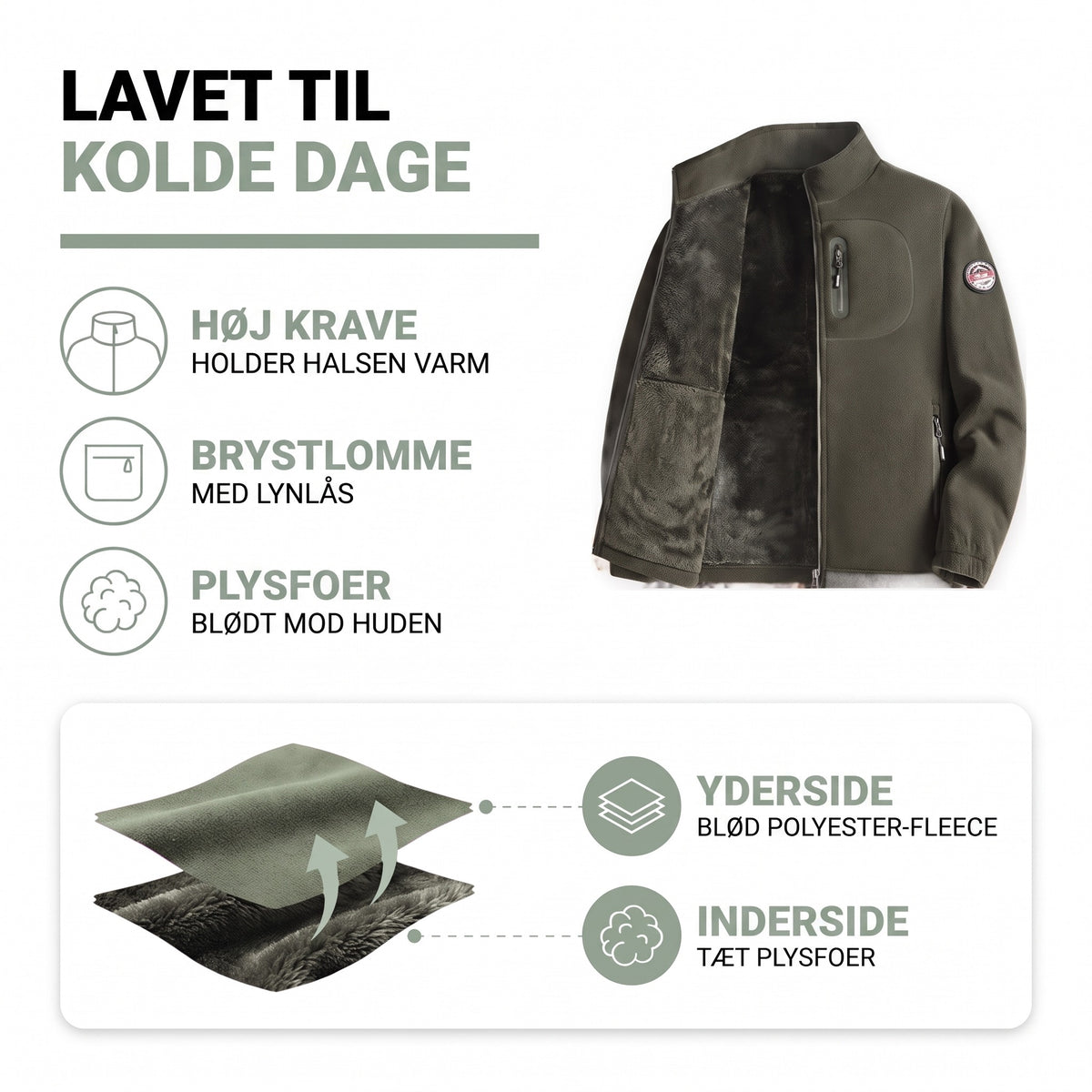 Fleecejakke herre opbygning: polyester-fleece udenpå, tæt plysfoer indeni
