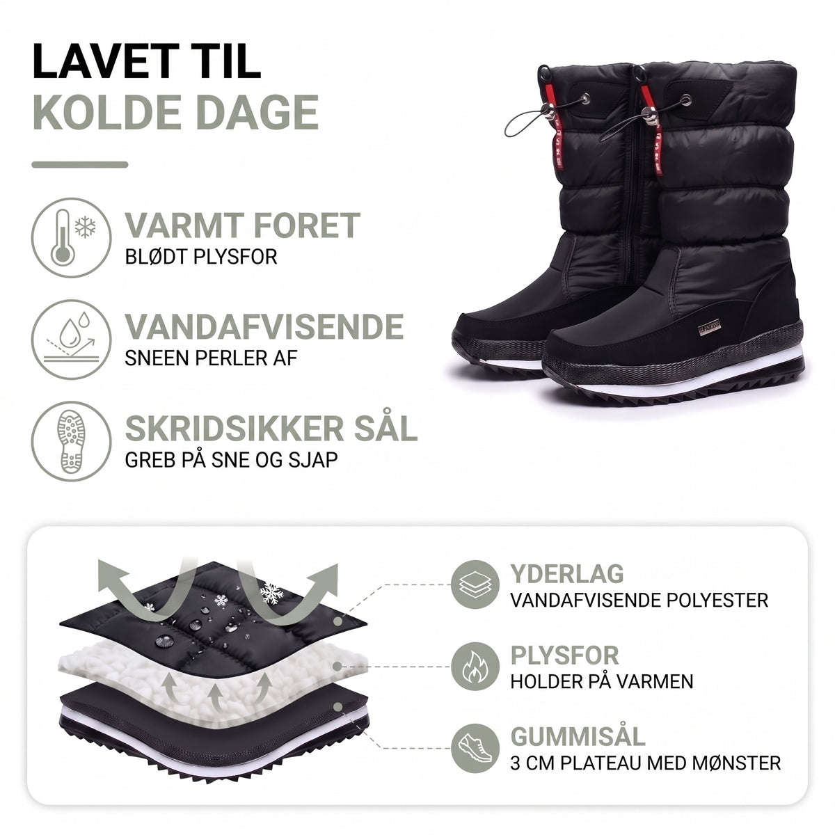 Vinterstøvler dame med for – opbygning: vandafvisende polyester, plysfor og gummisål med 3 cm plateau