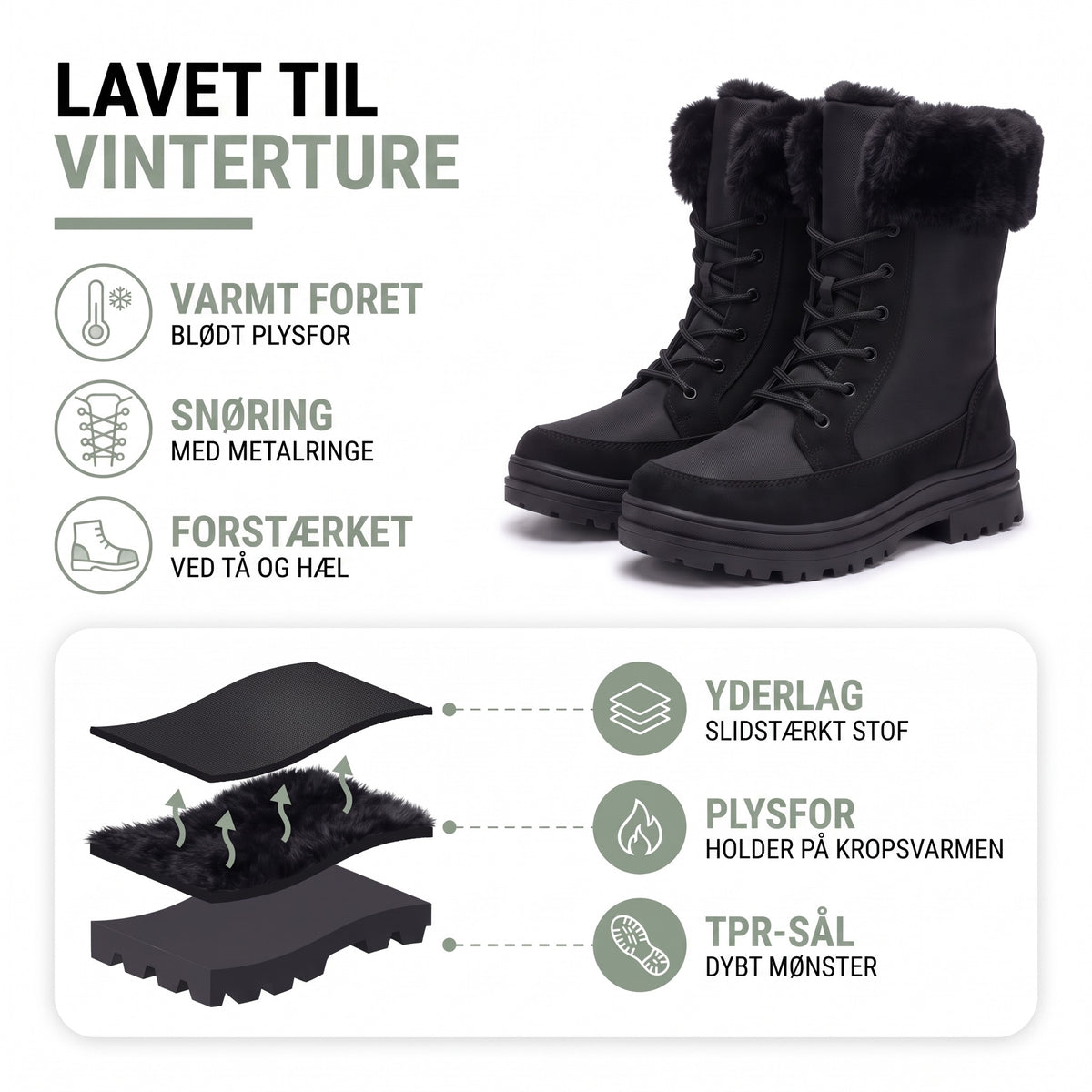 Vinterstøvler dame – opbygning: slidstærkt stof, plysfor og TPR-sål med dybt mønster
