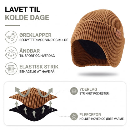Hue med øreklapper – opbygning: strikket polyester udvendigt, fleecefor indvendigt