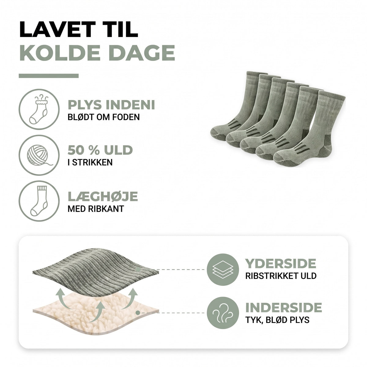 Uldsokker i overblik: plys indeni, 50 % uld, læghøje med ribkant
