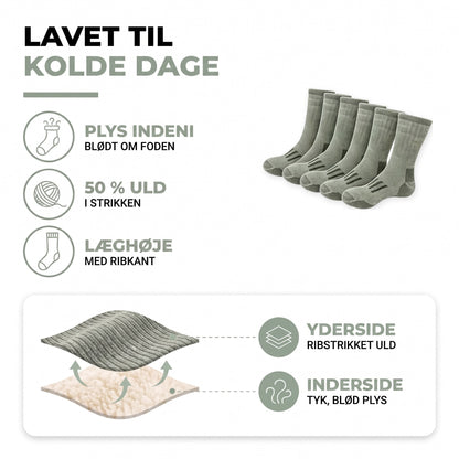 Uldsokker i overblik: plys indeni, 50 % uld, læghøje med ribkant
