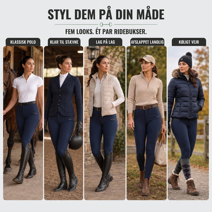 Ridebukser dame i marineblå kombineret i fem outfits