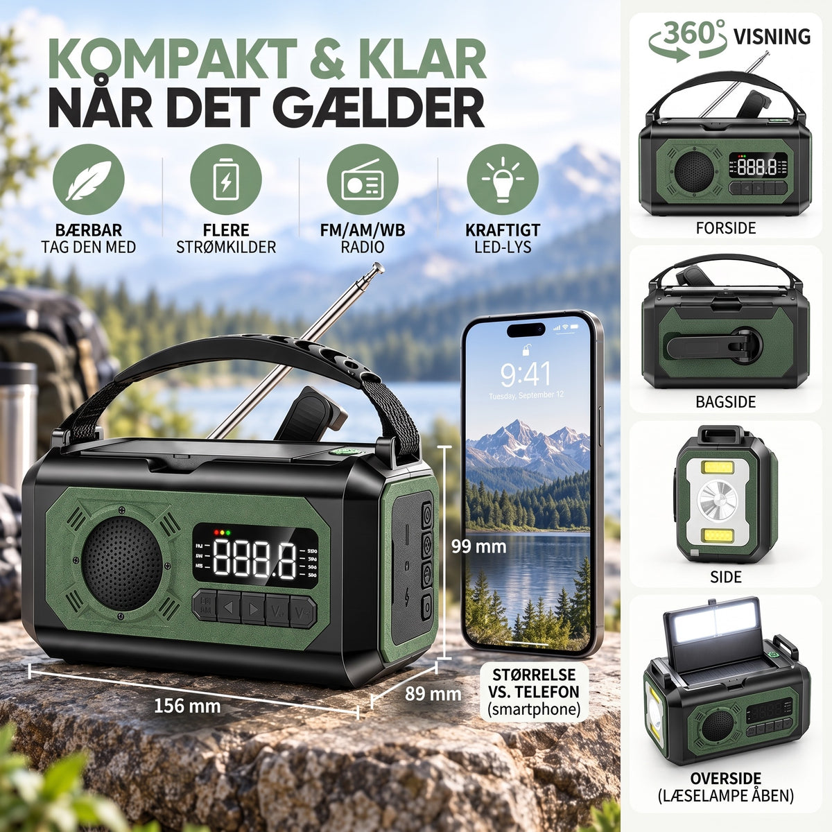 Nødradio kompakt: mål 156 x 89 x 99 mm og visning fra alle sider
