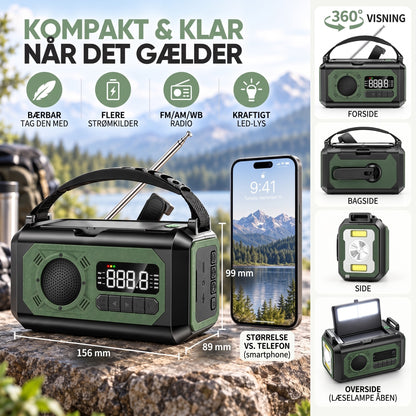 Nødradio kompakt: mål 156 x 89 x 99 mm og visning fra alle sider