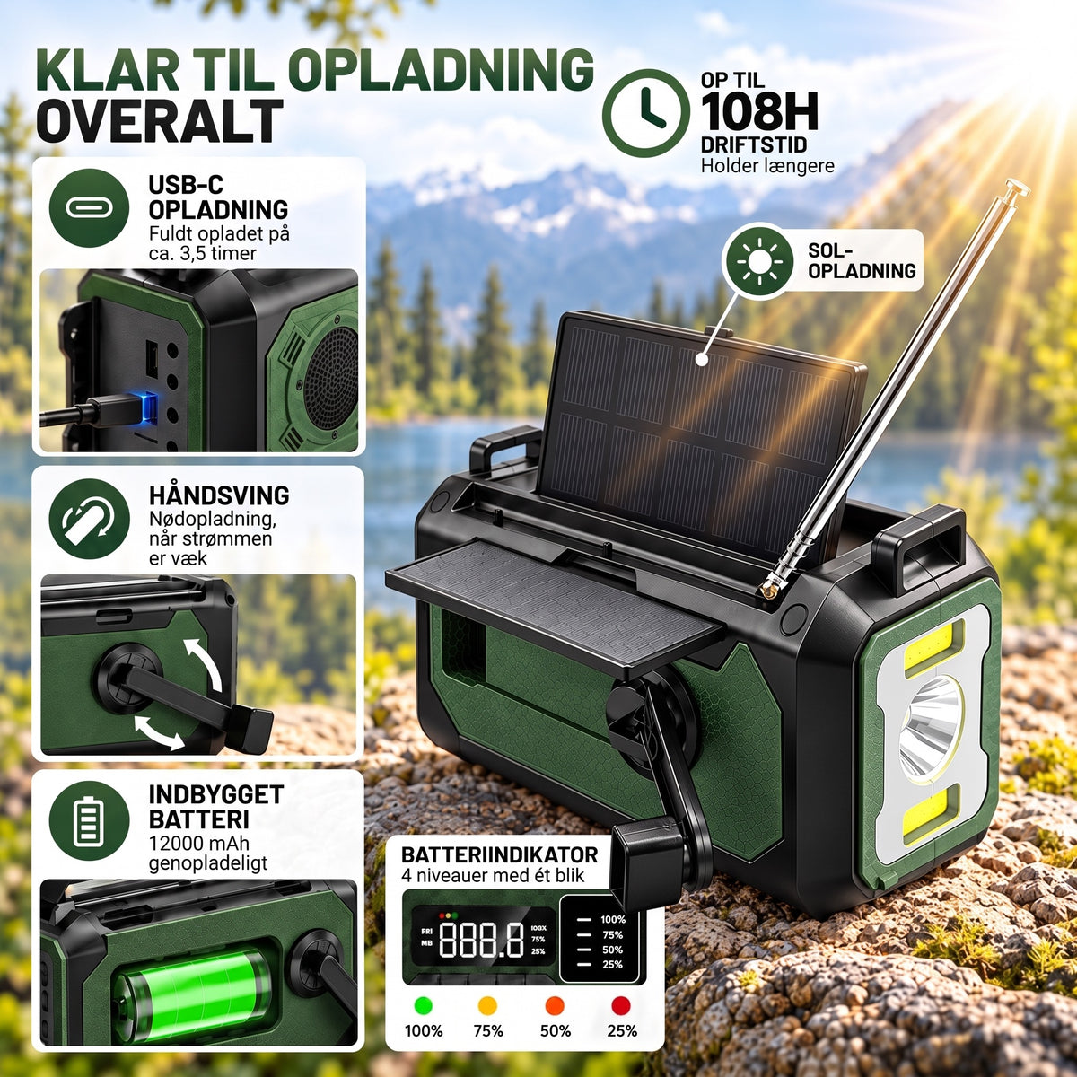 Nødradio opladning med solpanel, håndsving og USB-C