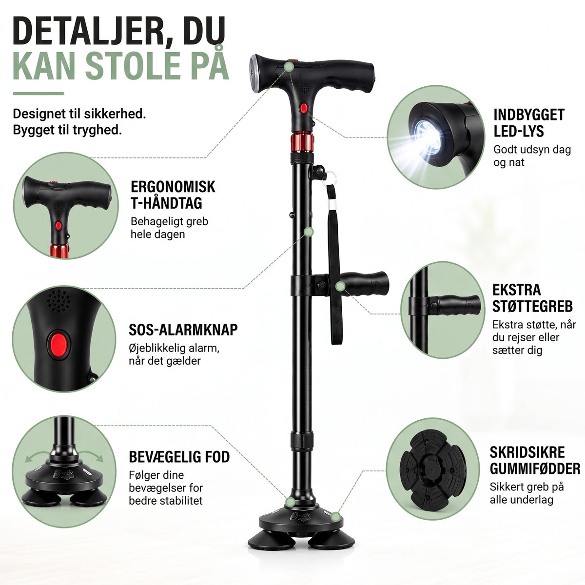 Sammenklappelig stok – detaljer: T-håndtag, alarm, LED-lys, firbenet fod