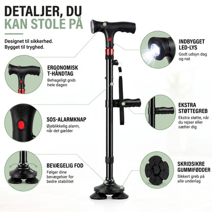 Sammenklappelig stok – detaljer: T-håndtag, alarm, LED-lys, firbenet fod