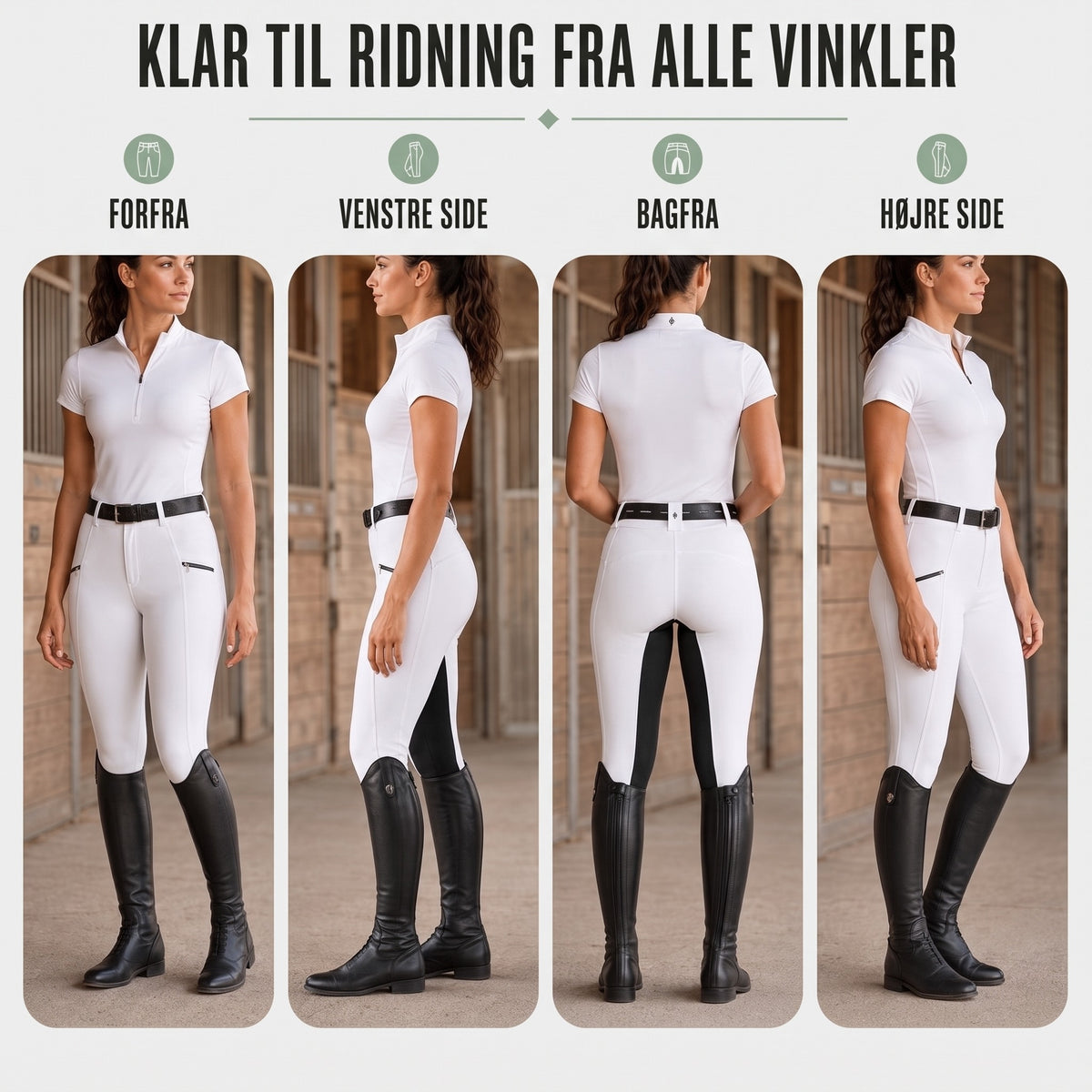 Ridebukser dame i hvid forfra, bagfra og fra begge sider