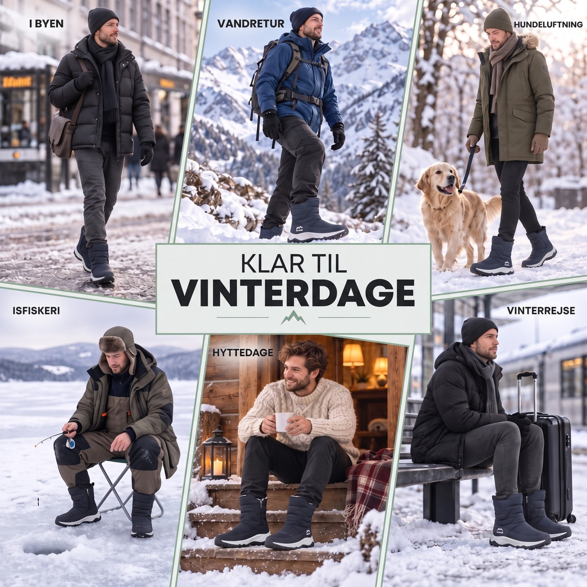 Vinterstøvler herre i brug: by, vandretur, hund, isfiskeri, hytte, rejse
