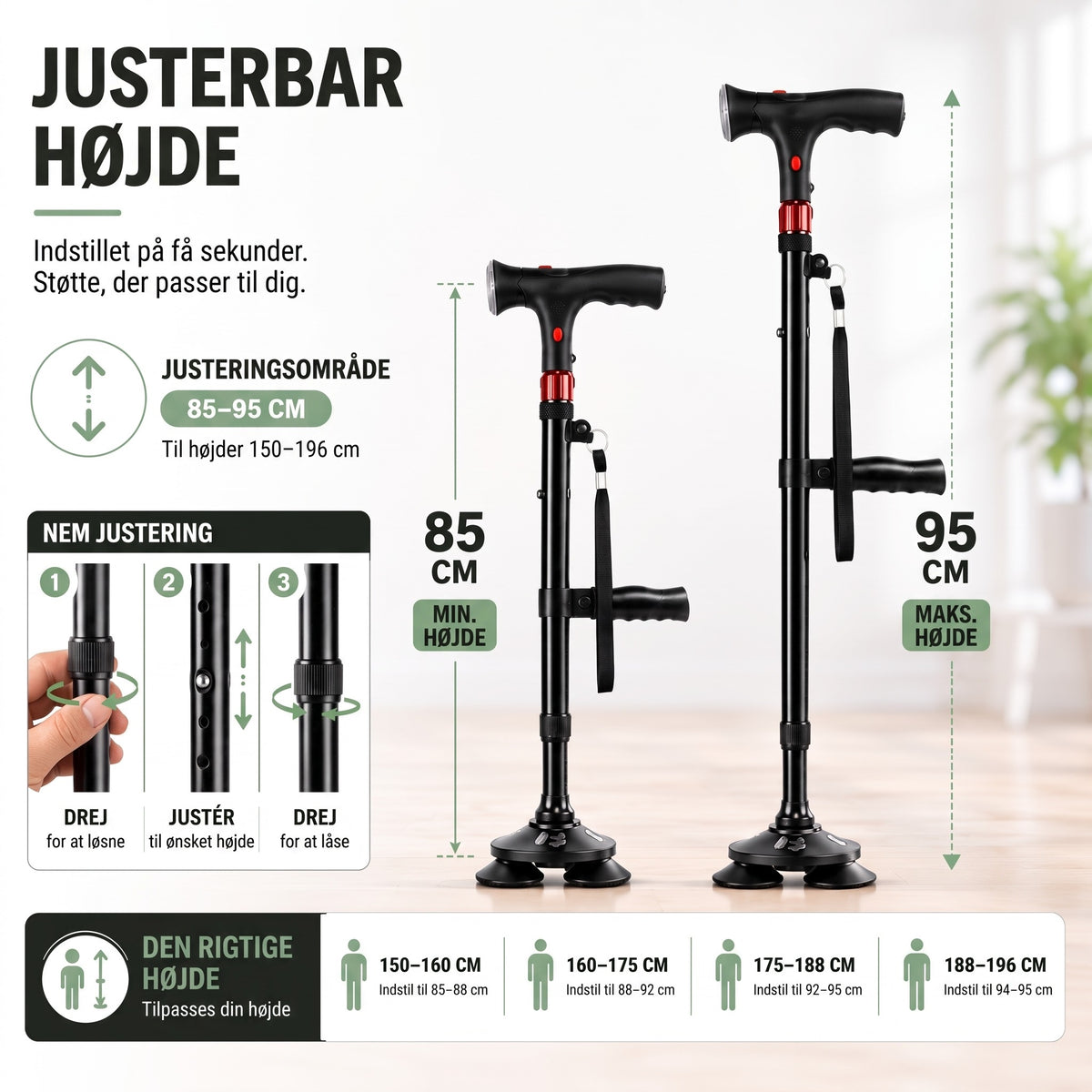 Justerbar stok – højden indstilles i 3 trin