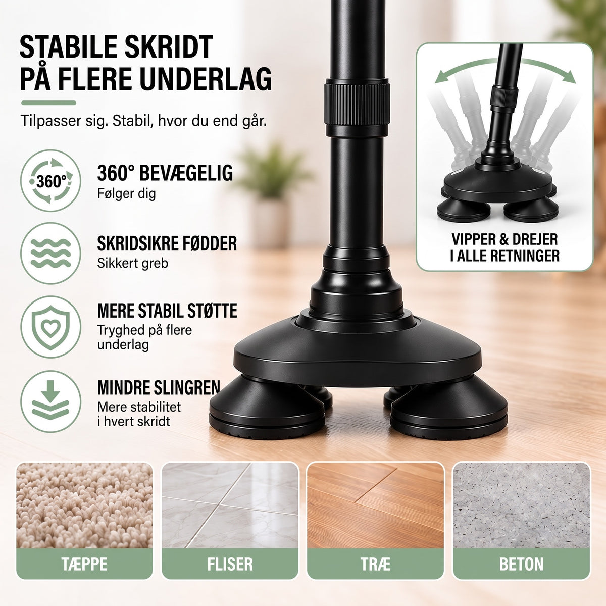 Stok med firbenet fod – skridsikre gummifødder på mange underlag