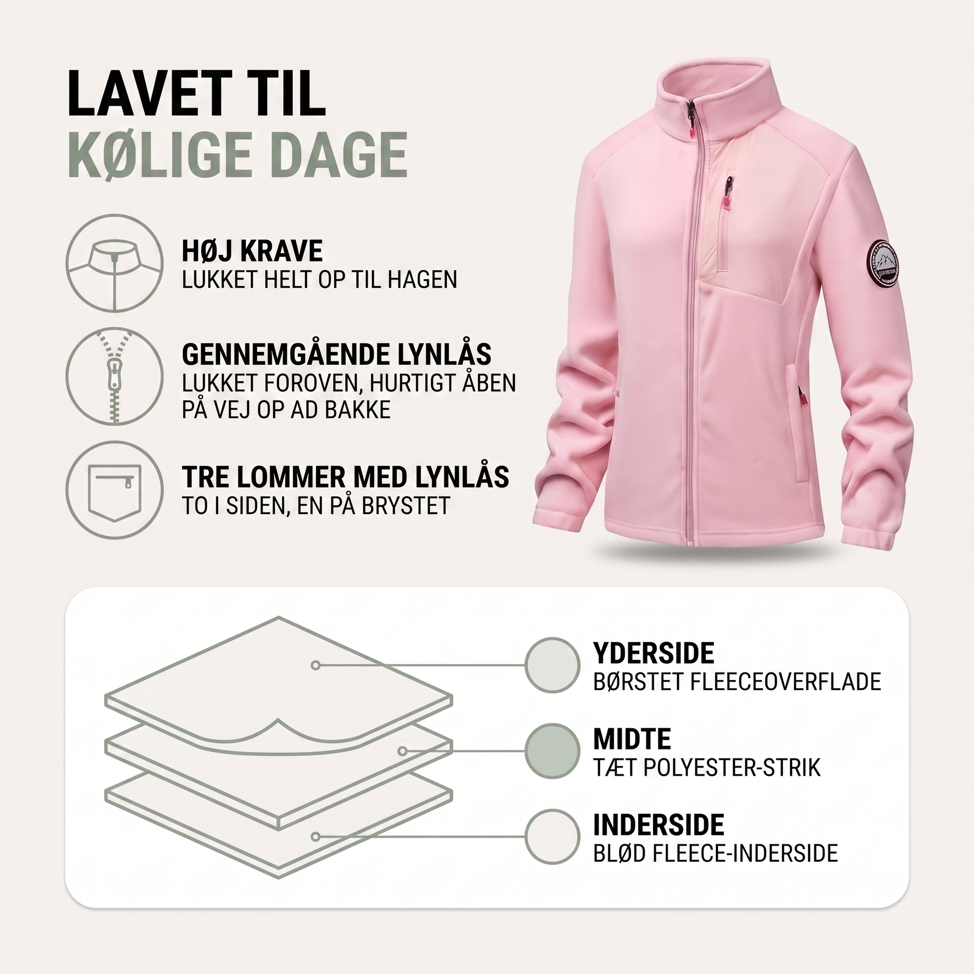 Detalje af lynlås på fleece jakke dame