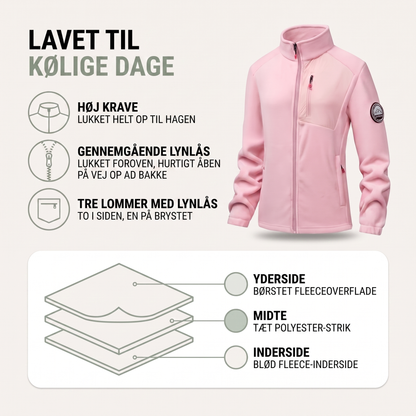 Detalje af lynlås på fleece jakke dame