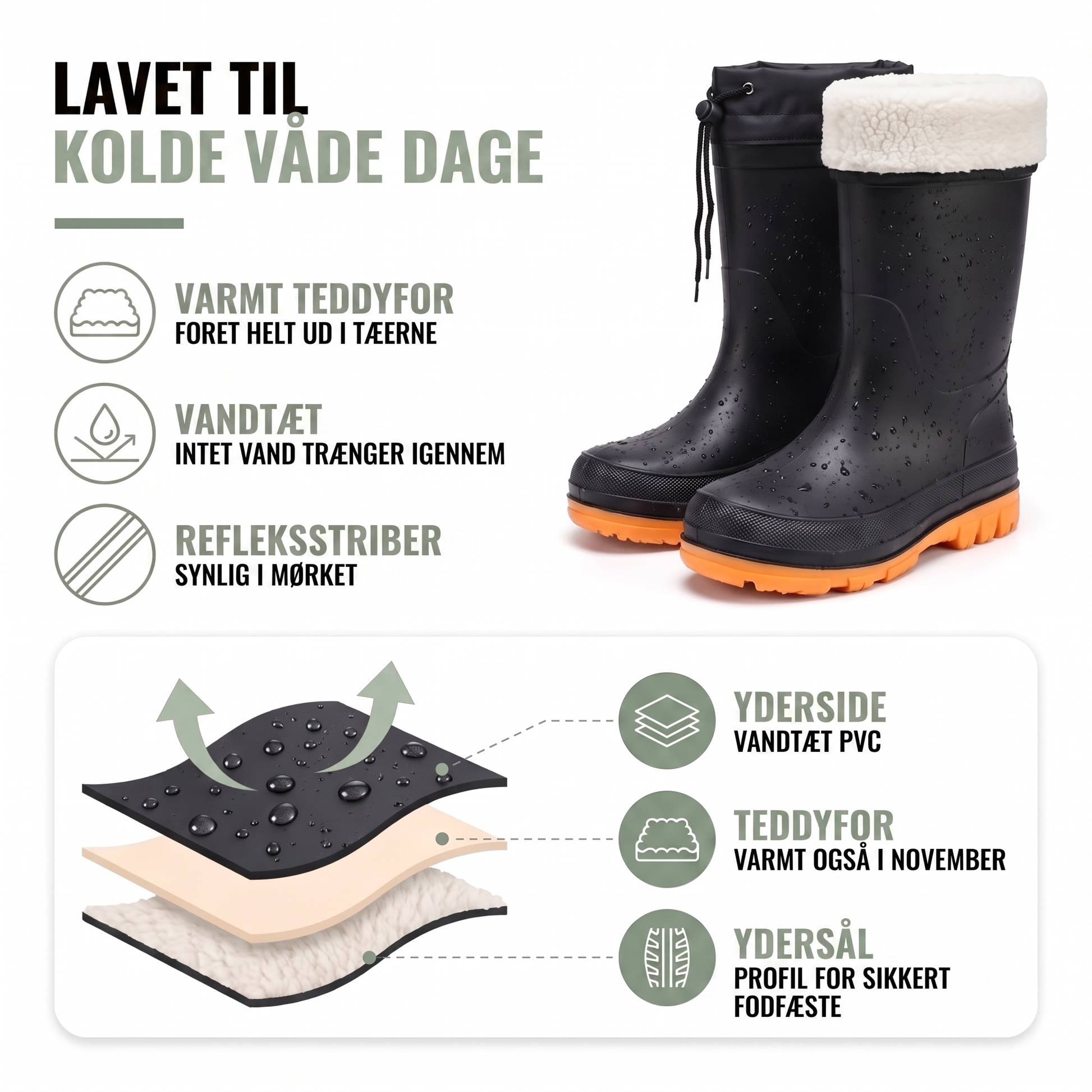 Forede gummistøvler med refleksstriber set bagfra