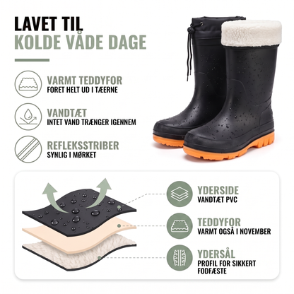Forede gummistøvler med refleksstriber set bagfra