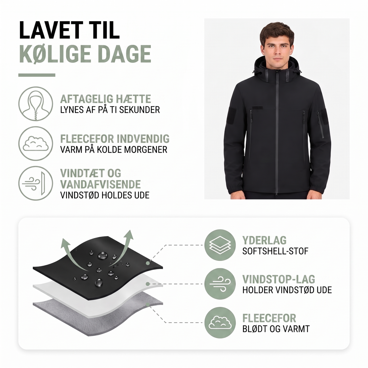 Aftagelig hætte med lynlås og trykknapper på overgangsjakke herre