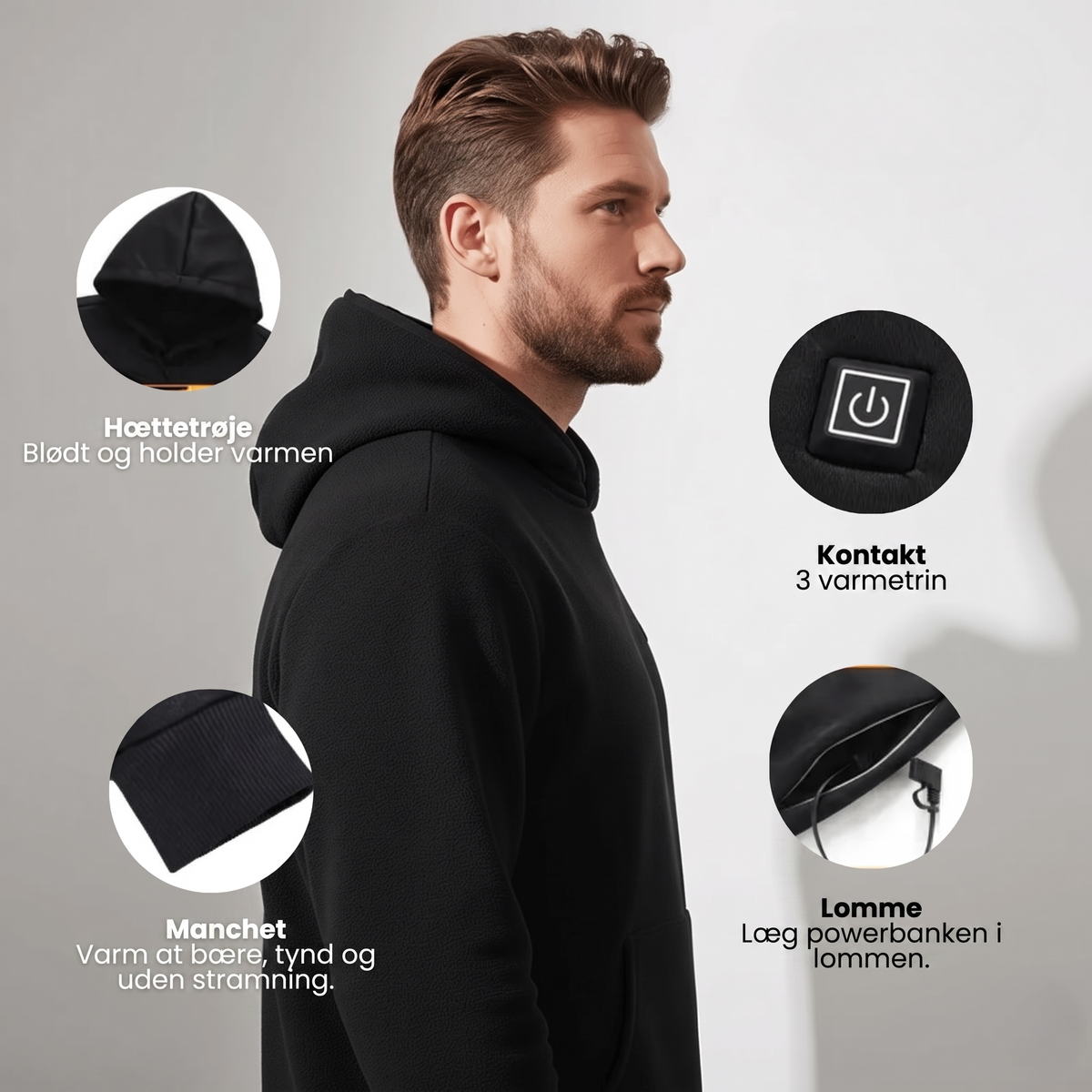 Heated hoodie set bagfra med varmezoner