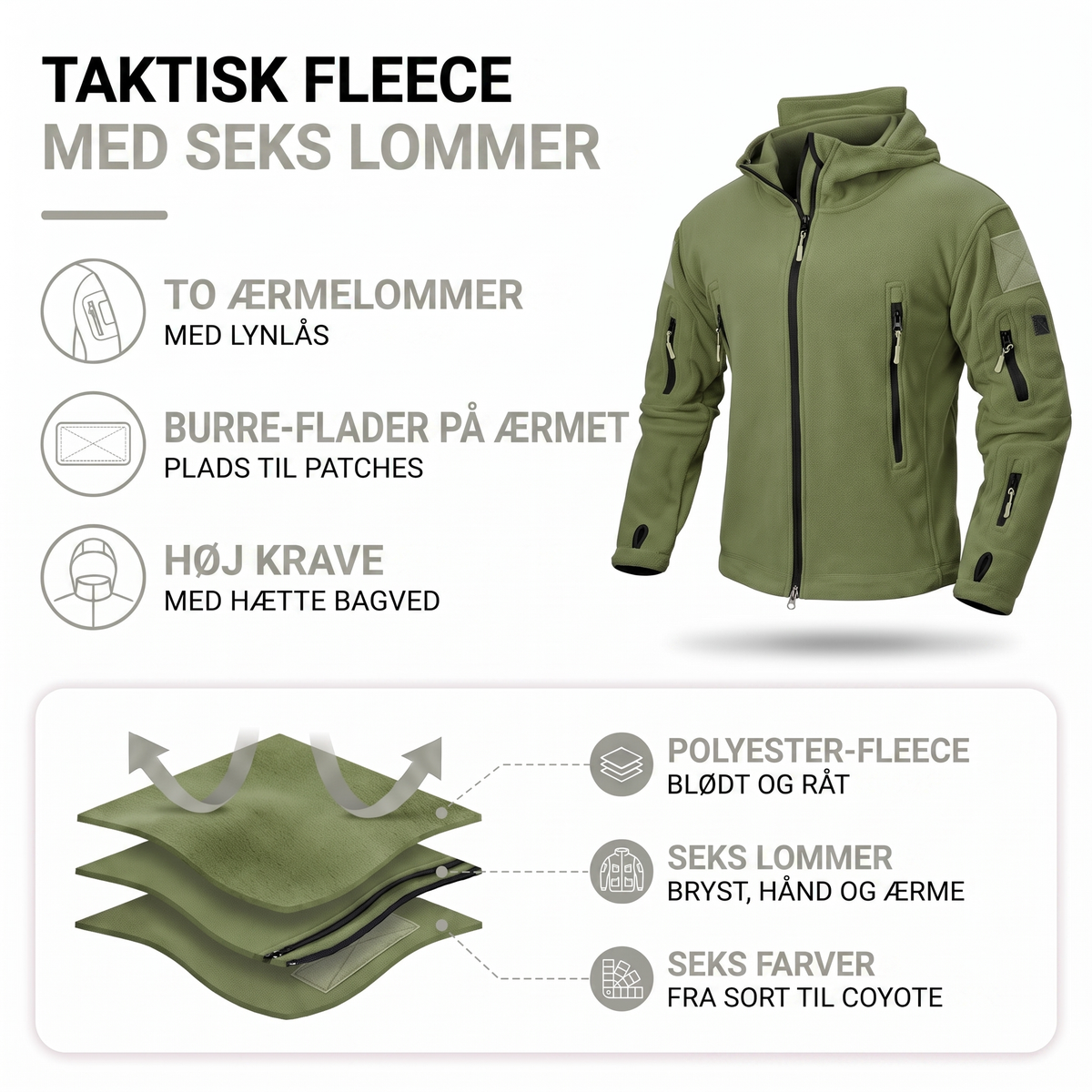 Fleecejakke herre med velcroflader på overarmen