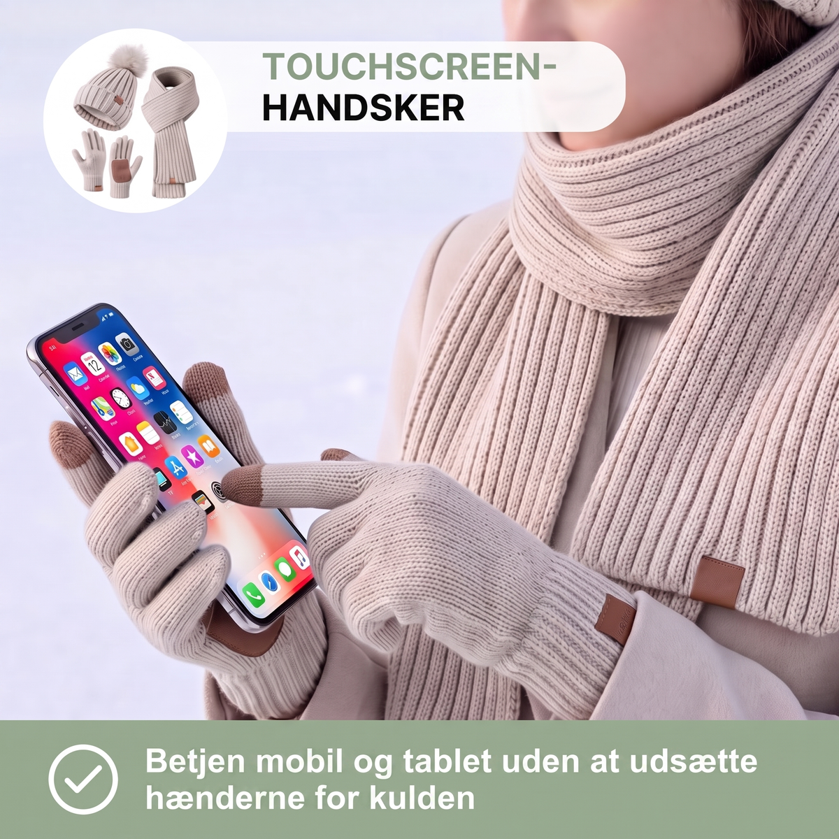 Hue og halstørklæde sæt dame i grå set forfra