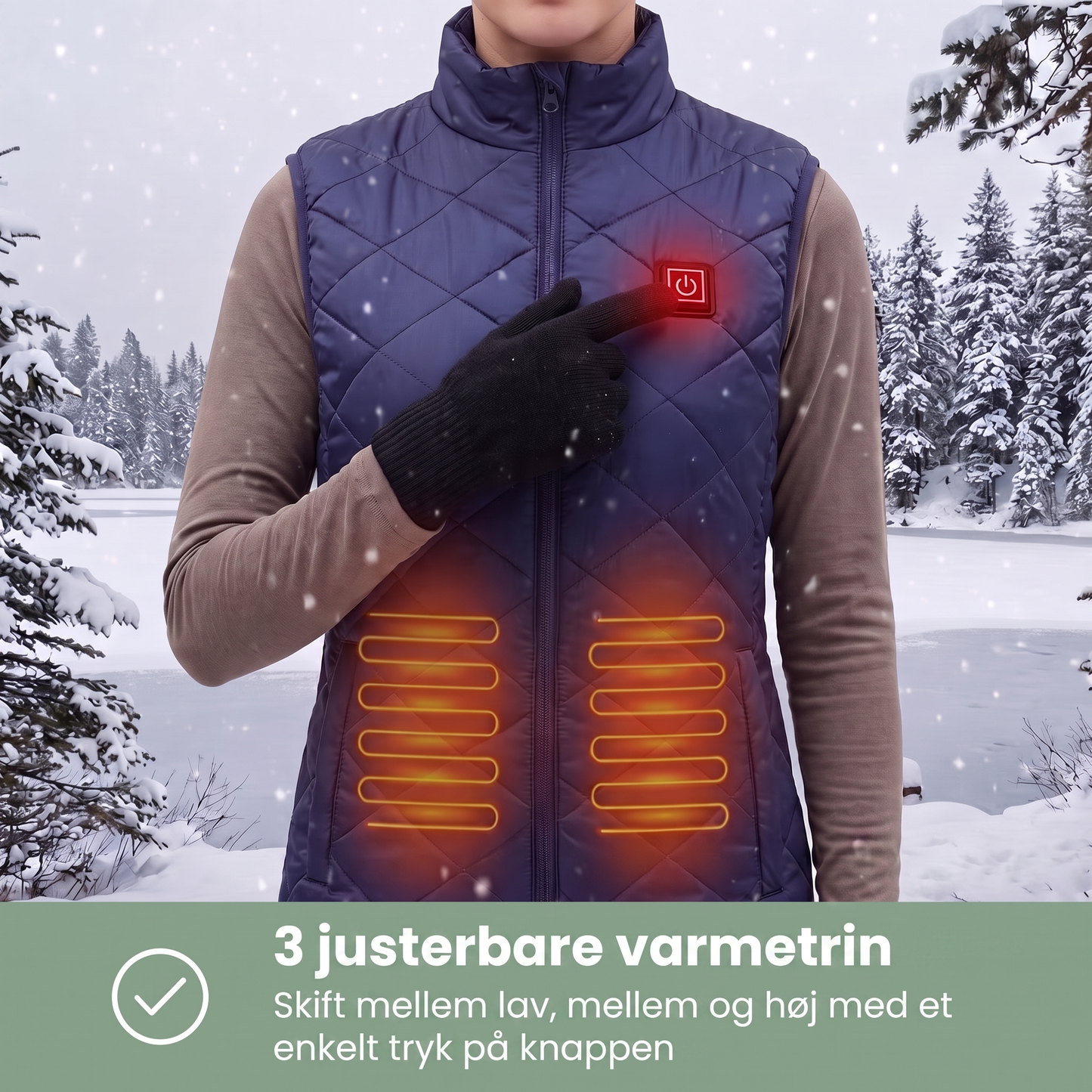 Varmevest dame marineblå tæt på knap til varmetrin