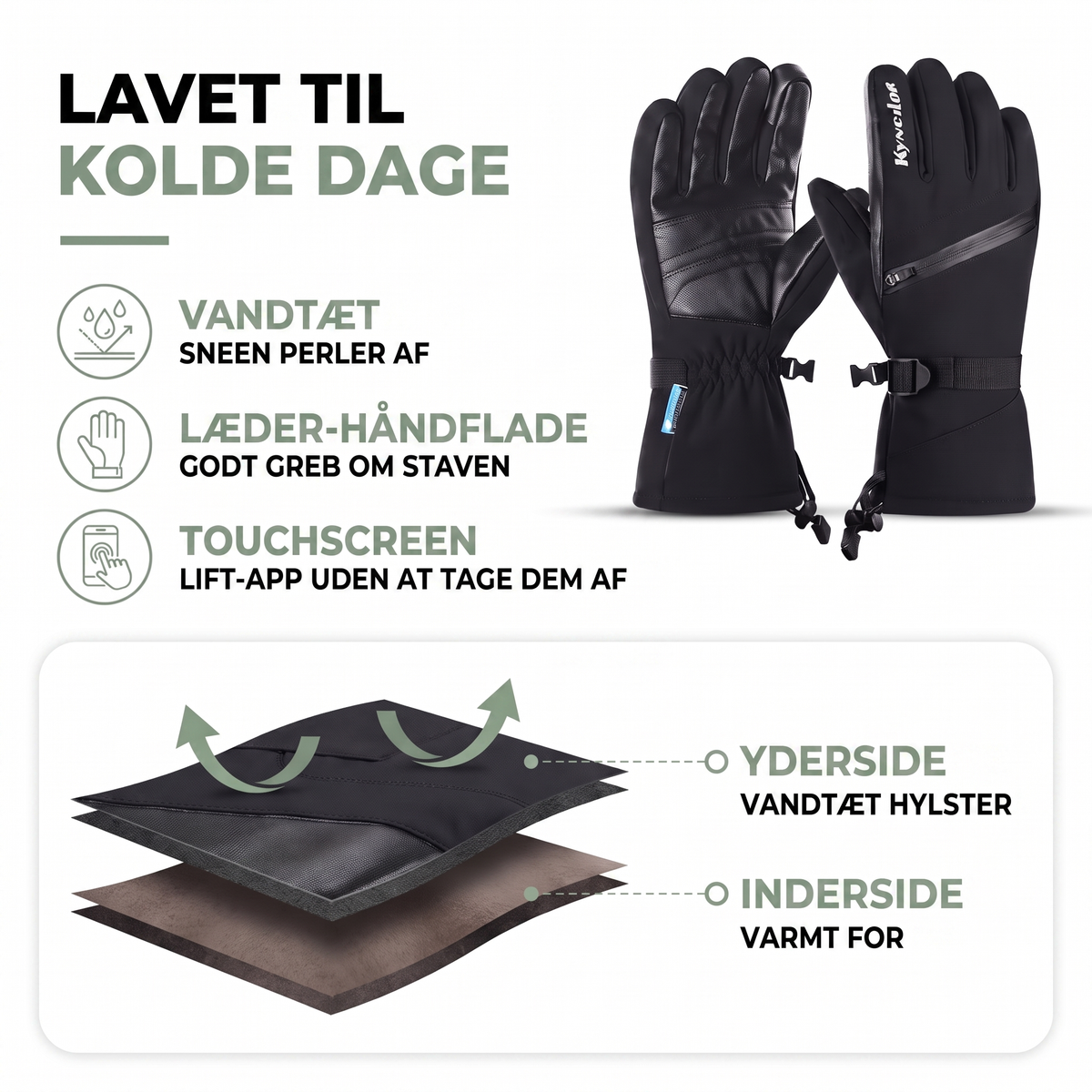 Skihandsker – detalje af læderhåndflade