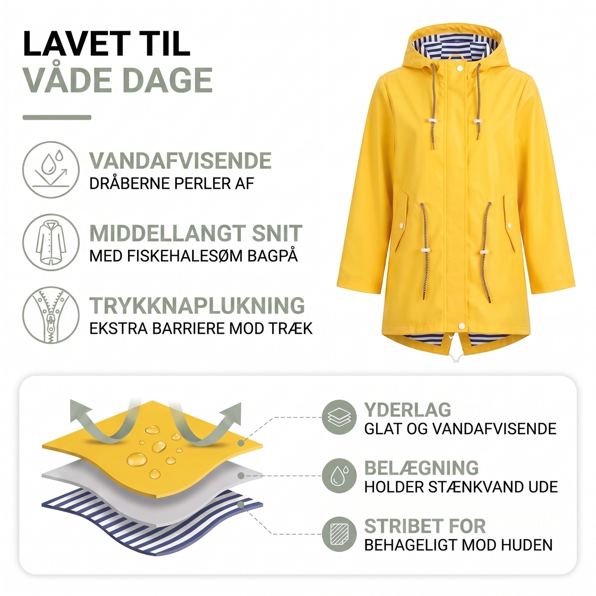 Regnjakke dame med hætte og snor
