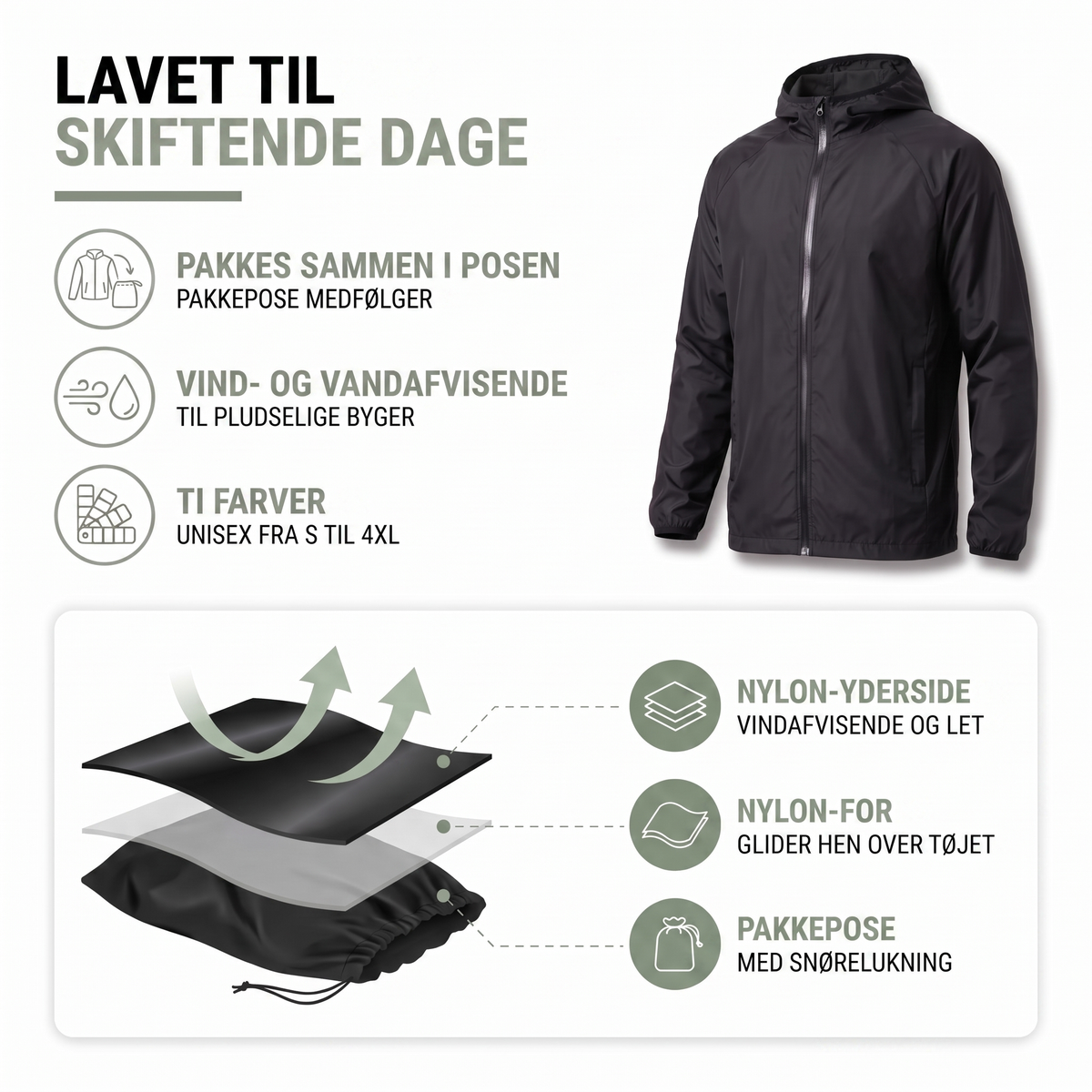 Vindjakke unisex i sort set forfra