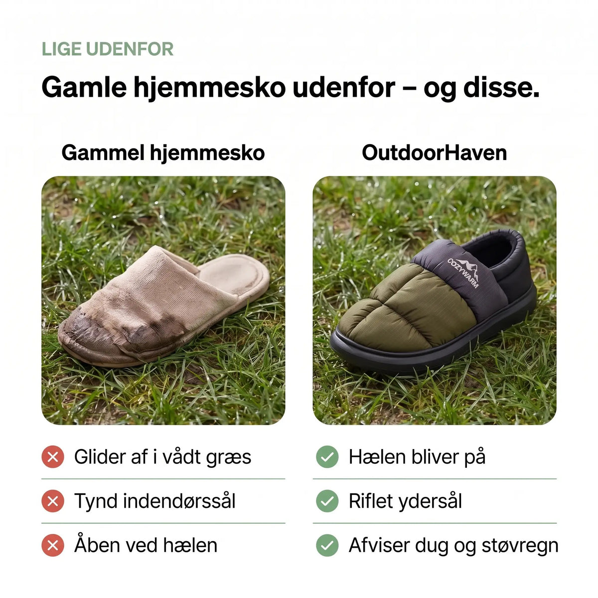 Gammel hjemmesko i vådt græs ved siden af hjemmeskoen med lukket hæl