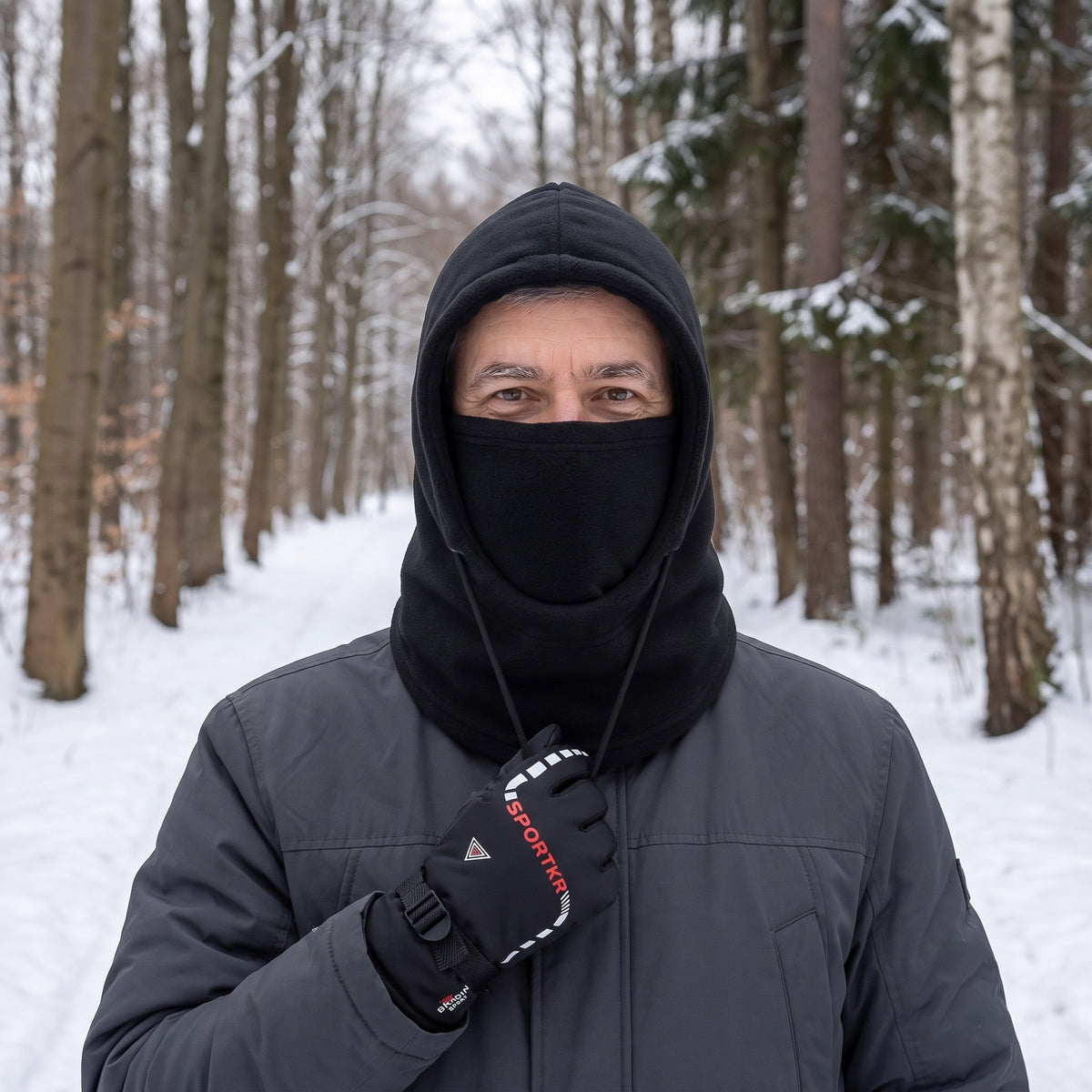 Elefanthue i sort fleece med handsker, båret på en vintertur i den snedækkede skov