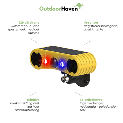 Solcelledrevet Bevægelsesalarm – 129 dB Sirene – Blitzlys