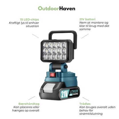 Trådløs LED Arbejdslampe – 21V Campinglampe – Bærbar