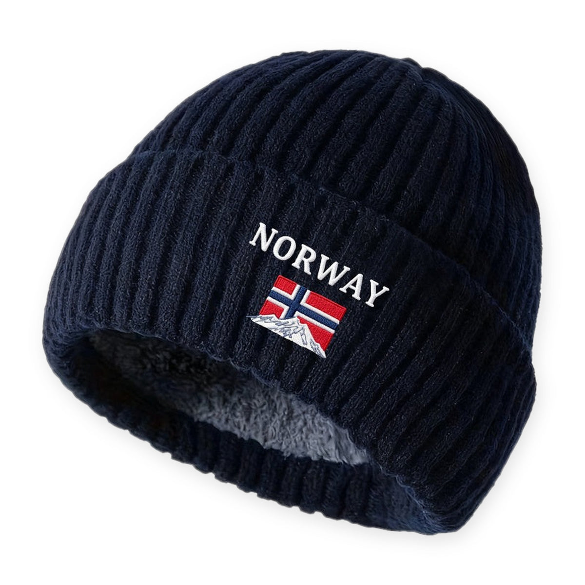 Strikhue, farve: marineblå, med NORWAY-broderi på hvid baggrund
