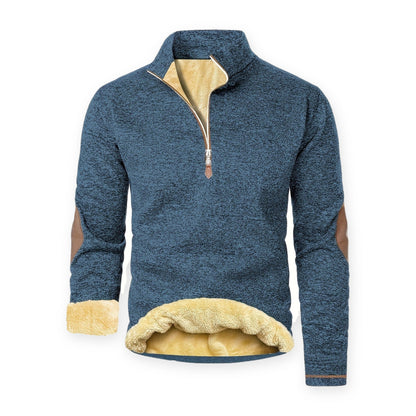 Striktrøje herre i petroleumsblå – strik med teddyfleece-for og lynlås